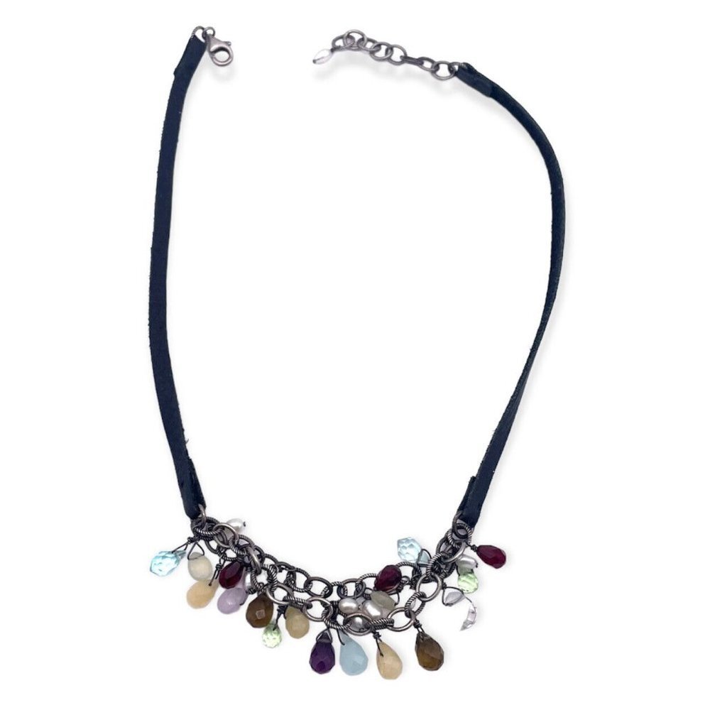 925 Sterling Silver Real Pearl Gemstone Leather Cord Necklace 17-19 Inch
